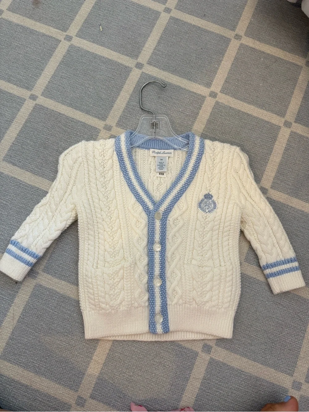 Ralph Lauren Baby Cream Cable Knit Cardigan with Light Blue Trim size 9m NWT